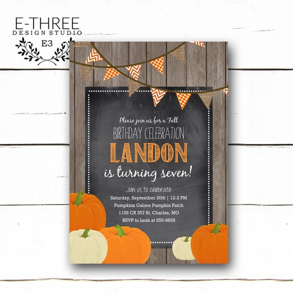 Fall Birthday Party Invitation - Pumpkin Patch Birthday Party - Kid's Rustic Fall Invite - Wood, Chalkboard, Pmpkins, Pendant Banner