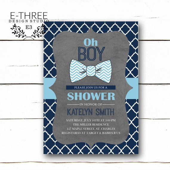 Bow Tie Baby Boy Shower Invitation, Preppy Navy Light Blue Gray