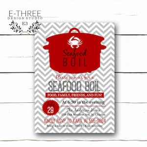 K&ouml;nnte beinhalten: Eine rote und wei&szlig;e Einladung zu einem Seafood Boil. Die Einladung zeigt einen roten Topf mit einem Krebs darauf und die Worte "Seafood Boil" in schwarzer Schrift. Die Einladung enth&auml;lt auch das Datum, die Uhrzeit und den Ort der Veranstaltung sowie eine Bitte um RSVP.