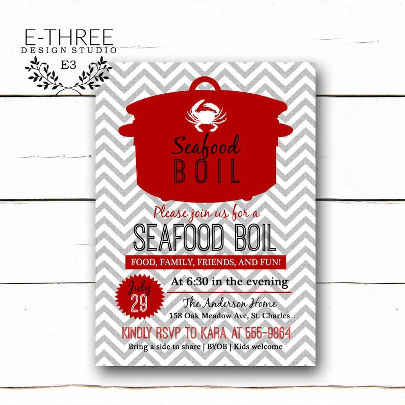 K&ouml;nnte beinhalten: Eine rote und wei&szlig;e Einladung zu einem Seafood Boil. Die Einladung zeigt einen roten Topf mit einem Krebs darauf und die Worte "Seafood Boil" in schwarzer Schrift. Die Einladung enth&auml;lt auch das Datum, die Uhrzeit und den Ort der Veranstaltung sowie eine Bitte um RSVP.