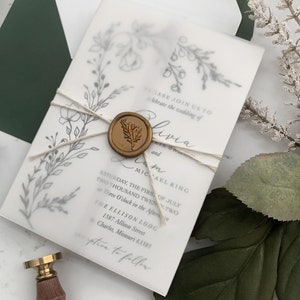 Hand Drawn Greenery Wedding Invitation Suite, Botanical Wedding Invitations, Vellum Wedding Invitation Set, Drawn Foliage Printed Invites 画像 6