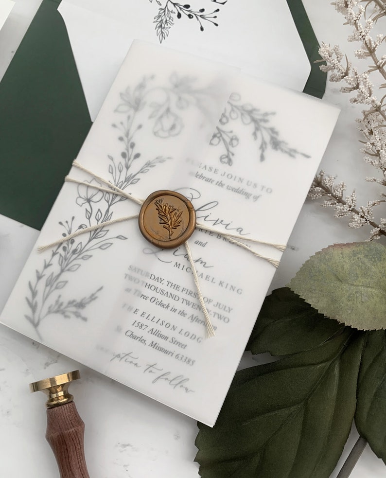 Hand Drawn Greenery Wedding Invitation Suite, Botanical Wedding Invitations, Vellum Wedding Invitation Set, Drawn Foliage Printed Invites image 6