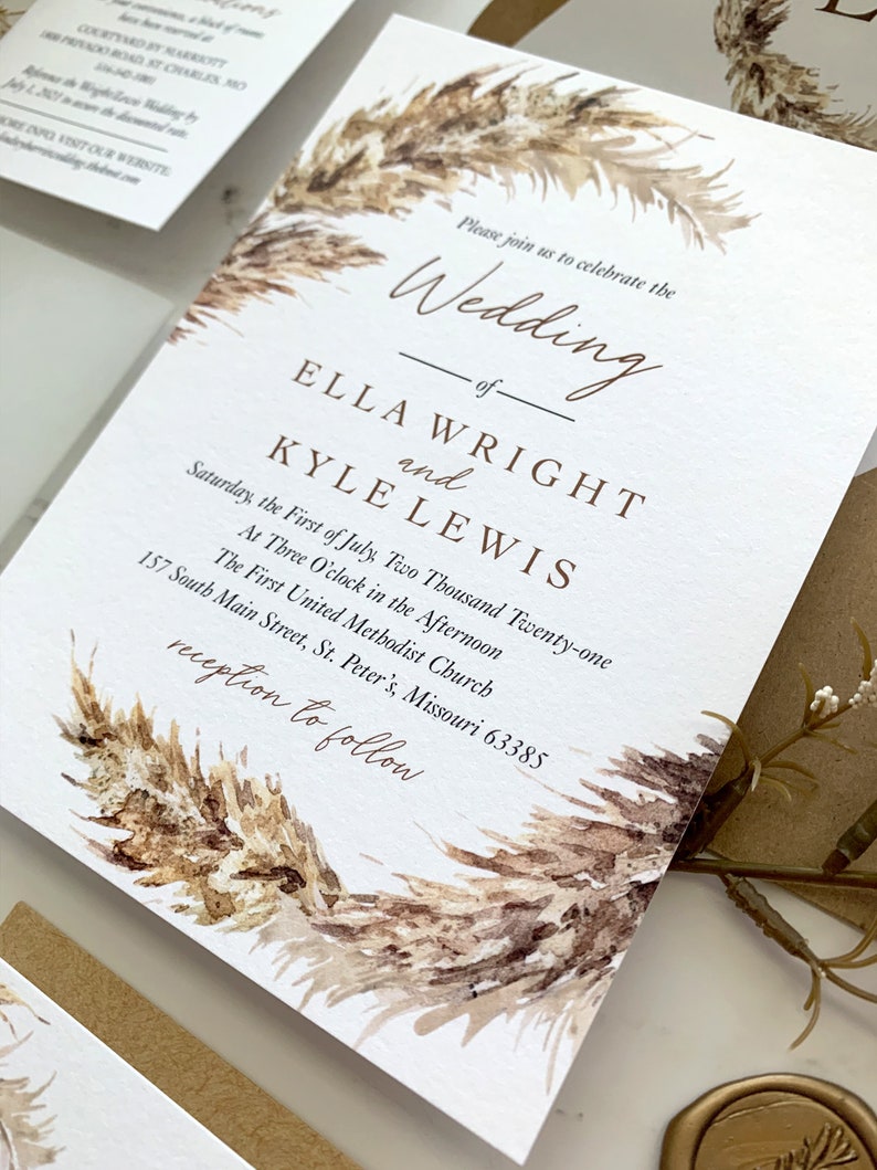 Pampas Grass Wedding Invitations Suite with Vellum and Wax Seal, Fall Foliage Wedding Invitation, Printed Invitations, Ella Collection image 4