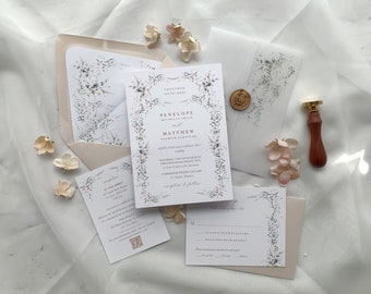 Delicate Greenery Wedding Invitation Suite, Spring Wildflower Wedding Invite Set, Peach and White Floral Invitation Set, Penelope Suite