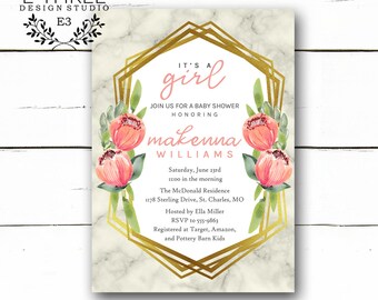 Geometric Baby Shower Invitation with Flowers - Girl's Baby Shower Invitation - Gold and Pink - White Marble - Gold Foil - Modern Floral