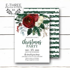 Burgund Blumen grün Weihnachten Party Einladung - Büro Urlaub Party Einladung - Aquarell Blumen Weihnachten grün