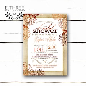 Vintage otoño floral novia ducha invitación - rustic otoño boda ducha invitación - burnt naranja Borgoña marrón mamás