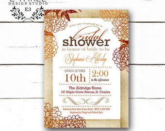 Vintage Fall Floral Bridal Shower Invitation - Rustic Autumn Wedding Shower Invitation - Burnt Orange Burgundy Brown Mums