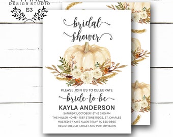 Fall Bridal Shower Invitation - White Pumpkin Wedding Shower - Fall Foliage and Flowers