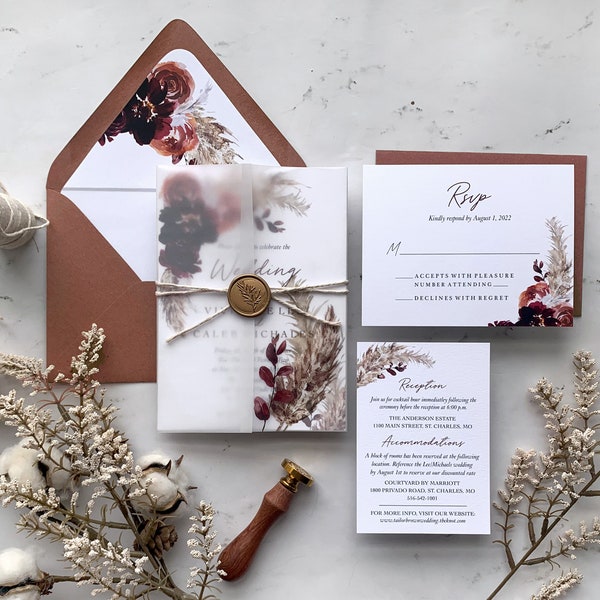 Fall Pampas Grass Wedding Invitation Suite with Vellum Wax Seal, Burgundy and Rust Orange Fall Floral Wedding Suite, Vivienne Collection