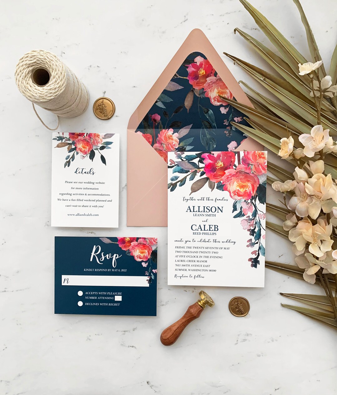 Pink and Navy Watercolor Floral Wedding Invitation Suite With Lavender ...