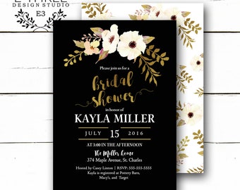 Black and Gold Bridal Shower Invitation - Elegant Floral Wedding Shower Invitations - Gold Foil and Black Invite