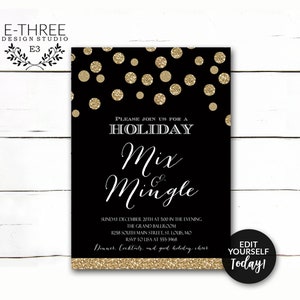 Christmas Party Invitation - Glitter Gold and Black, Mix and Mingle Holiday Invite - Printable - Office Holiday Party