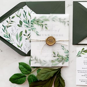 Greenery Wedding Invitation Suite, Watercolor Greenery Wedding Invitations with Vellum and Wax Seal, Brynn Collection image 8