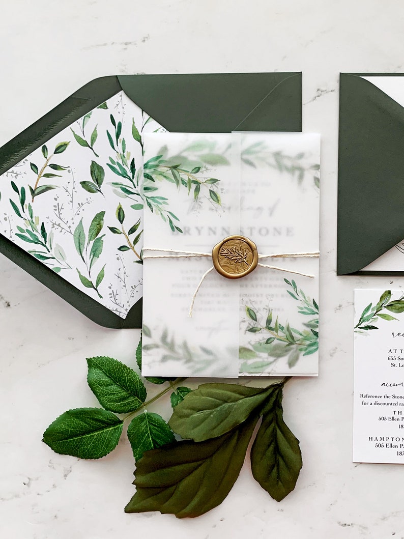 Greenery Wedding Invitation Suite, Watercolor Greenery Wedding Invitations with Vellum and Wax Seal, Brynn Collection image 8