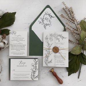 Handgezeichnete Grüne Hochzeitseinladungs-Reihe, Botanische Hochzeitseinladungen, Pergament-Hochzeitseinladungs-Set, Gezeichnetes Laub Gedruckte Einladungen