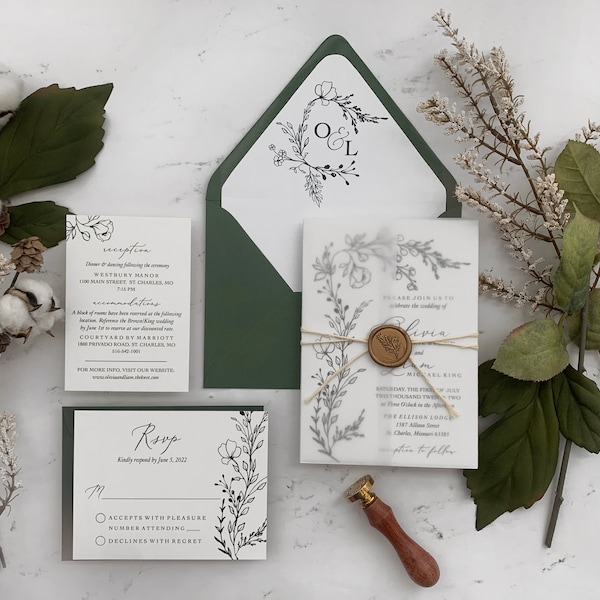 Handgezeichnete Grüne Hochzeitseinladungs-Reihe, Botanische Hochzeitseinladungen, Pergament-Hochzeitseinladungs-Set, Gezeichnetes Laub Gedruckte Einladungen