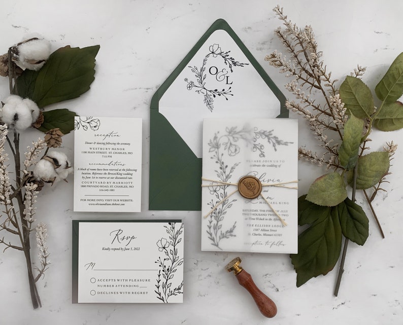 Hand Drawn Greenery Wedding Invitation Suite, Botanical Wedding Invitations, Vellum Wedding Invitation Set, Drawn Foliage Printed Invites image 1