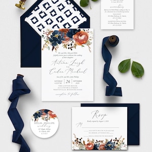 Burnt Orange Navy Blue Wedding Invitation Suite - Fall Floral Wedding Invitation Set with Elegant Greenery, RSVP Details Card