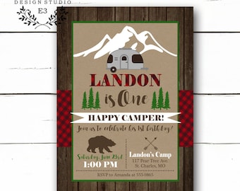 Camping Birthday Party Invitation - Red Plaid Party Invitations - Rustic Boy's Birthday - One Happy Camper - 1st Birthday