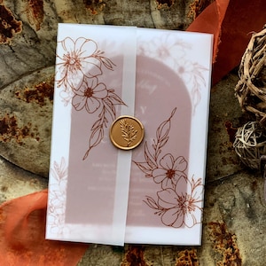 Burnt Orange Floral Vellum Wrap and Wax Seals, Hand Drawn Floral Vellum Jacket add on for our Lily Collection Wedding Invitation Suite