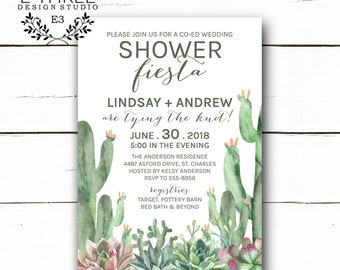 Fiesta Wedding Shower Invitation - Cactus and Succulent Desert Invitation - Co-Ed Bridal Shower - Green and Blue