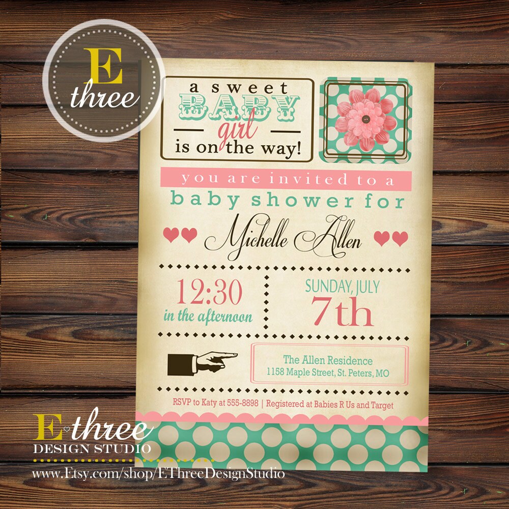 Vintage Shabby Chic Baby Girl Shower Invitation, Pink Turquoise Vintage Baby  Girl Shower Invite #1042 - Etsy, image size:1000x1000
