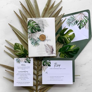 Tropical Greenery Wedding Invitation Suite, Watercolor Palm Leaf Wedding Invitation with Vellum, Monstera Wedding Invite, Isla Collection