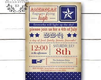 4th of July Party Invitation - Vintage Fourth of July Invites  - Red, White, & Blue BBQ - Independence Day