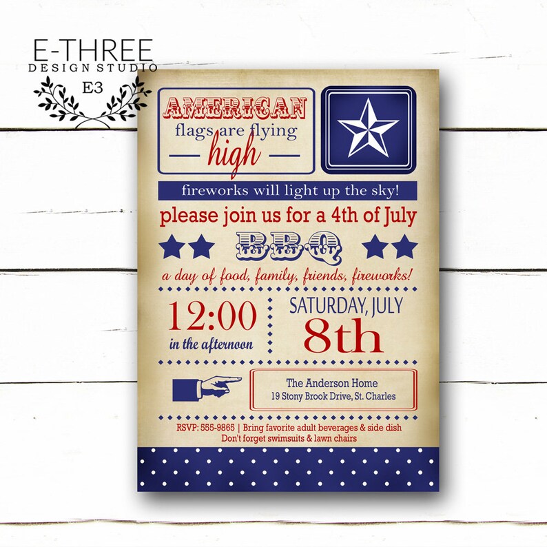 4th of July Party Invitation Vintage Fourth of July Invites Red, White, & Blue BBQ Independence Day image 1