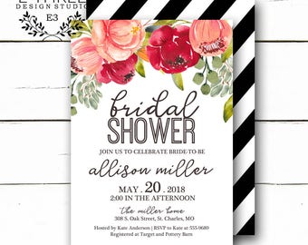 Floral Bridal Shower Invitations - Pink Flowers Wedding Shower Invitation - Watercolor Flowers and Black and White Stripes - Shower Invites