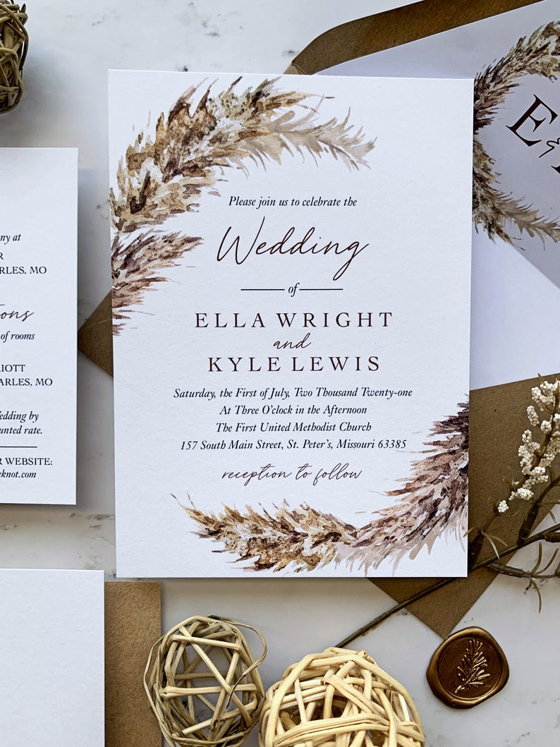 Pampas Grass Wedding Invitations Suite with Vellum and Wax Seal, Fall Foliage Wedding Invitation, Printed Invitations, Ella Collection image 5
