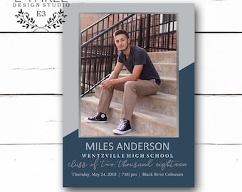 May include: A graduation announcement for Miles Anderson, a graduate of Wentzville High School, class of 2018. The announcement features a photo of Miles in a black t-shirt and khaki pants, sitting on a set of stairs. The announcement is in blue and gray with the text "class of two thousand eighteen" in cursive.