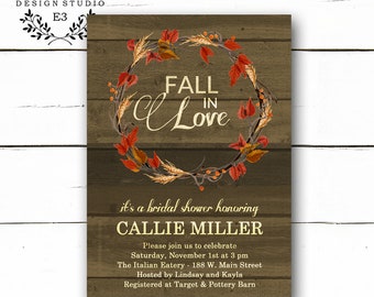 Rustic Fall Bridal Shower Invitations, Fall Leaf Wreath Shower Invitation with Watercolor Flowers, Wood Background