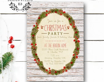 Rustic Wreath Christmas Party Invitation - Shabby Chic Vintage Holiday Party Invite - Wood