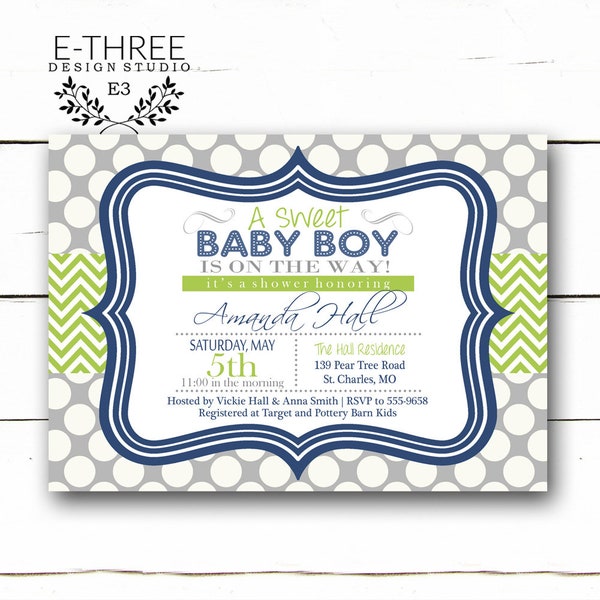 Navy Baby Boy Shower Invitations - Navy Gray Green Boy's Modern Baby Shower Invitation with Chevron Polka Dots