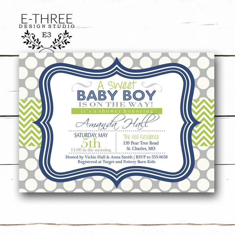 Navy Baby Boy Shower Invitations - Navy Gray Green Boy's Modern Baby Shower Invitation with Chevron Polka Dots 