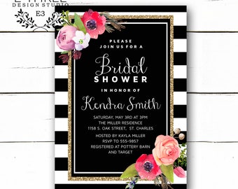 Floral Bridal Shower Invitation - Black and White Stripes, Gold Glitter, Watercolor - Pink, Coral, Gold - Modern Shower #1011