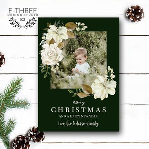 Dunkelgrün Floral Weihnachtskarte - elegante Blumen Urlaub Fotokarte - weiße Blumen grün - digitale Datei Vorlage oder gedruckte Karten