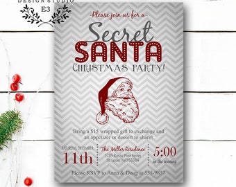 May include: A red and white Christmas party invitation with a Santa Claus illustration. The invitation says "Secret Santa Christmas Party!" and includes the date, time, and location of the party.