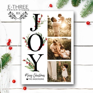 Greenery Joy Weihnachtskarte - moderne Foto Weihnachtskarte - drei Foto Weihnachten Urlaub - Aquarell Beeren und grün Weihnachtskarte