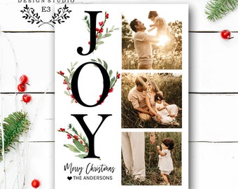 Greenery Joy Christmas Card - Modern Photo Christmas Card - Three Photo Christmas Holiday - Watercolor Berries and Greenery Christmas Card