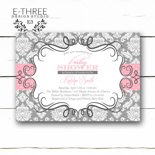 Pink and Gray Damask Baby Girl Shower Invitation