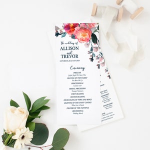 Pink Wedding Program, Tropical Pink Navy Watercolor Flowers Wedding Ceremony Programs, Printed or Digital Programs, Allison Collection