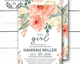 Baby Girl Shower Invitations - Floral Baby Shower Invitation - Blush Pink and Peach Flowers - Greenery - Rustic Garden