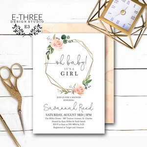 Erröten rosa und Gold Floral Baby Mädchen Dusche Einladung - grün geometrische Rahmen - digitale Datei oder gedruckte Karten