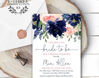 Pink Navy Bridal Shower Invitation - Blue Blush Floral Wedding Shower Invitation - Greenery - Printed or Digital