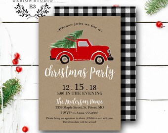 May include: A Christmas party invitation with a red truck carrying a Christmas tree. The invitation is on a brown background with black and white checkered border. The text reads: "Please join us for a Christmas Party 12.15.18 5:00 in the evening The Anderson Home 3358 Maple Street, St. Peters, MO RSVP to Anna 555-8987 Please bring an appetizer to share | Children are welcome Hot chocolate will be served"