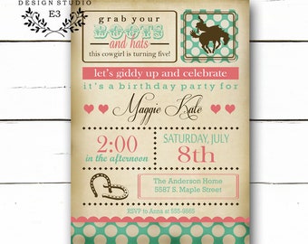 Cowgirl Birthday Party Invitation - Vintage Horse Girl's Party - Shabby Chic Invitations - Rustic - Pink and Turquoise