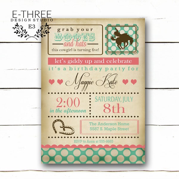 Cowgirl Birthday Party Invitation - Vintage Horse Girl's Party - Shabby Chic Invitations - Rustic - Pink and Turquoise